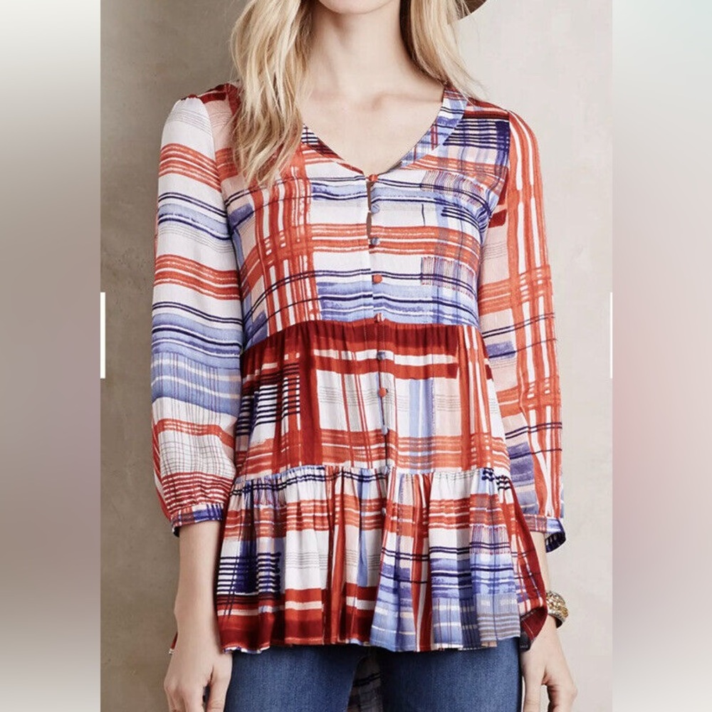 Anthropologie Maeve Plaid Button Down Ruffle Top | Red, White & Blue | Size M